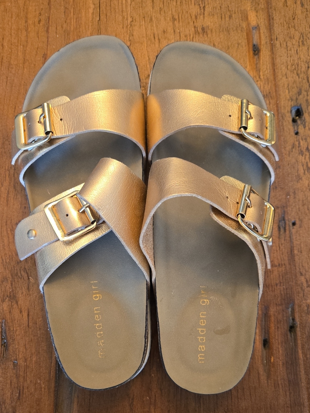 Madden Girl Metallic Gold Double-Buckle Slide Sandals